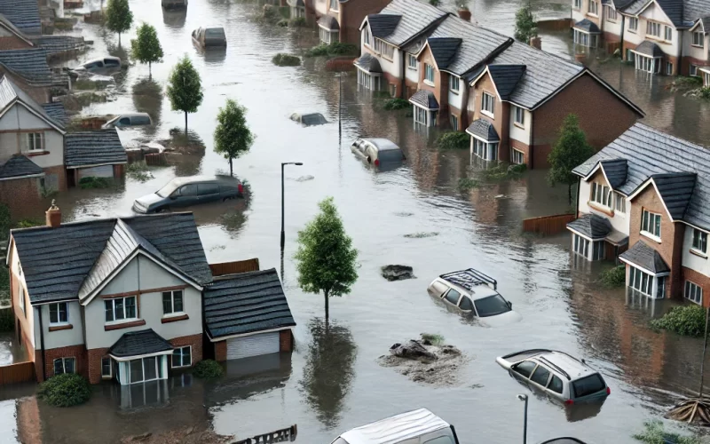 DALL·E 2024-11-06 19.25.47 – A highly realistic 3D scene of a residential area after a flood, with houses and cars partially submerged in water, but only up to the lower parts. Th DALL·E 2024-11-06 19.25.47 - A highly realistic 3D scene of a residential area after a flood, with houses and cars partially submerged in water, but only up to the lower parts. Th